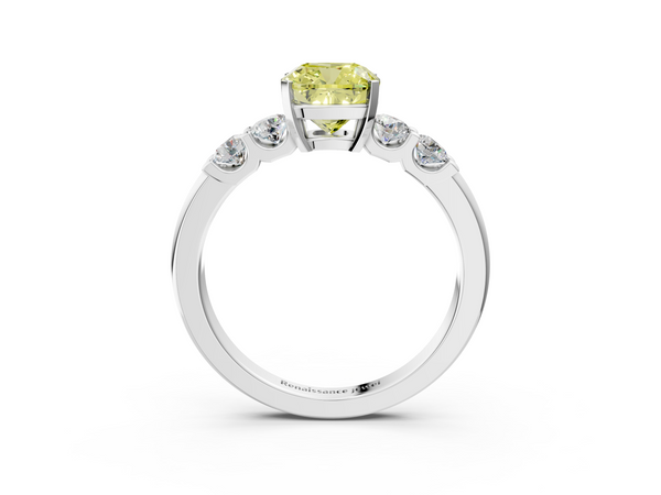 White gold Fancy Yellow Cushion  Brilliant Cut Diamond Five-Stone Prong Set Engagement Ring with Channel Band