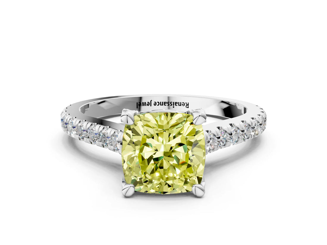 White gold Fancy Yellow Cushion  Brilliant Diamond Solitaire with Pavé Band and Four-Prong Setting