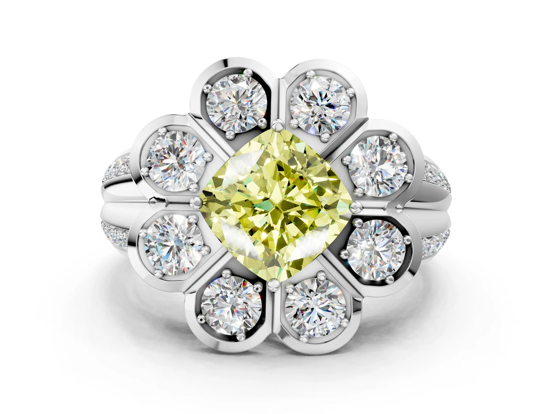 White gold Fancy Yellow Cushion  Brilliant Flower Halo Diamond Split Shank Ring_69