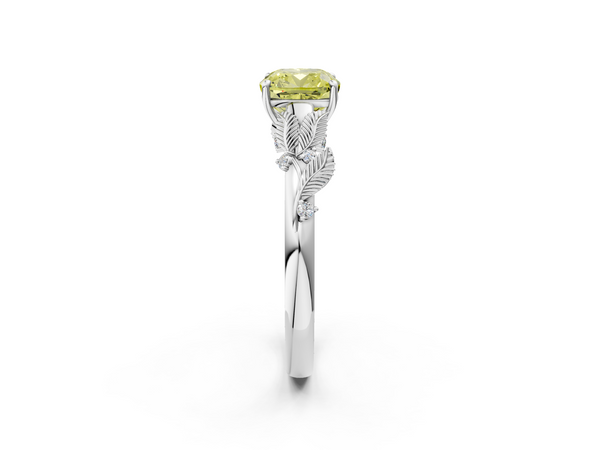 Platinum Fancy Yellow Cushion Cut Diamond Solitaire Ring with Leaf Motif Band and Four-Prong Setting