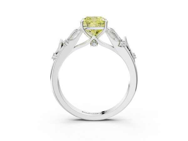 Platinum Fancy Yellow Cushion Cut Diamond Solitaire Ring with Leaf Motif Band and Four-Prong Setting