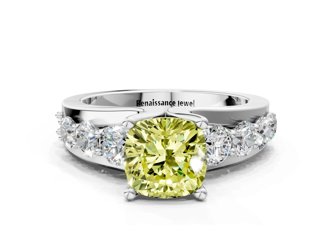 White gold Fancy Yellow Cushion  Brilliant Solitaire with Side Stones on a Pave Band and Four-Prong Setting_61
