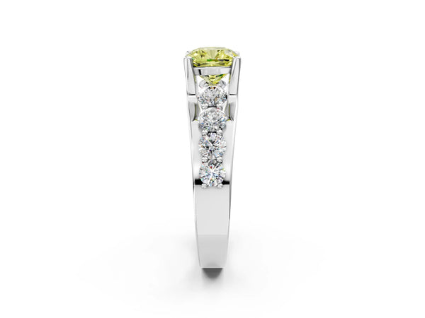 Platinum Fancy Yellow Cushion  Brilliant Solitaire with Side Stones on a Pave Band and Four-Prong Setting