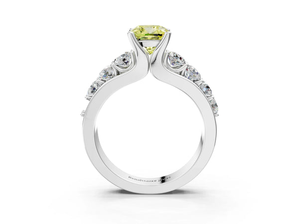 Platinum Fancy Yellow Cushion  Brilliant Solitaire with Side Stones on a Pave Band and Four-Prong Setting