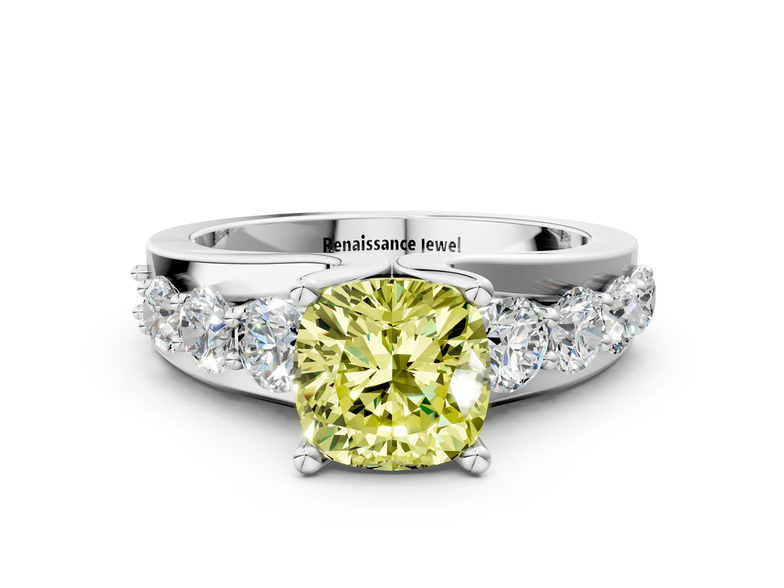White gold Fancy Yellow Cushion  Brilliant Solitaire with Side Stones on a Pave Band and Four-Prong Setting_72