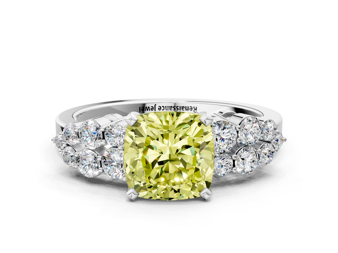 White gold Fancy Yellow Cushion  Cluster Diamond Engagement Ring with Pavé Band and Four-Prong Setting_32