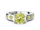 White gold Fancy Yellow Cushion Cut Brilliant Channel-Set Diamond Ring with Bezel Prong Setting