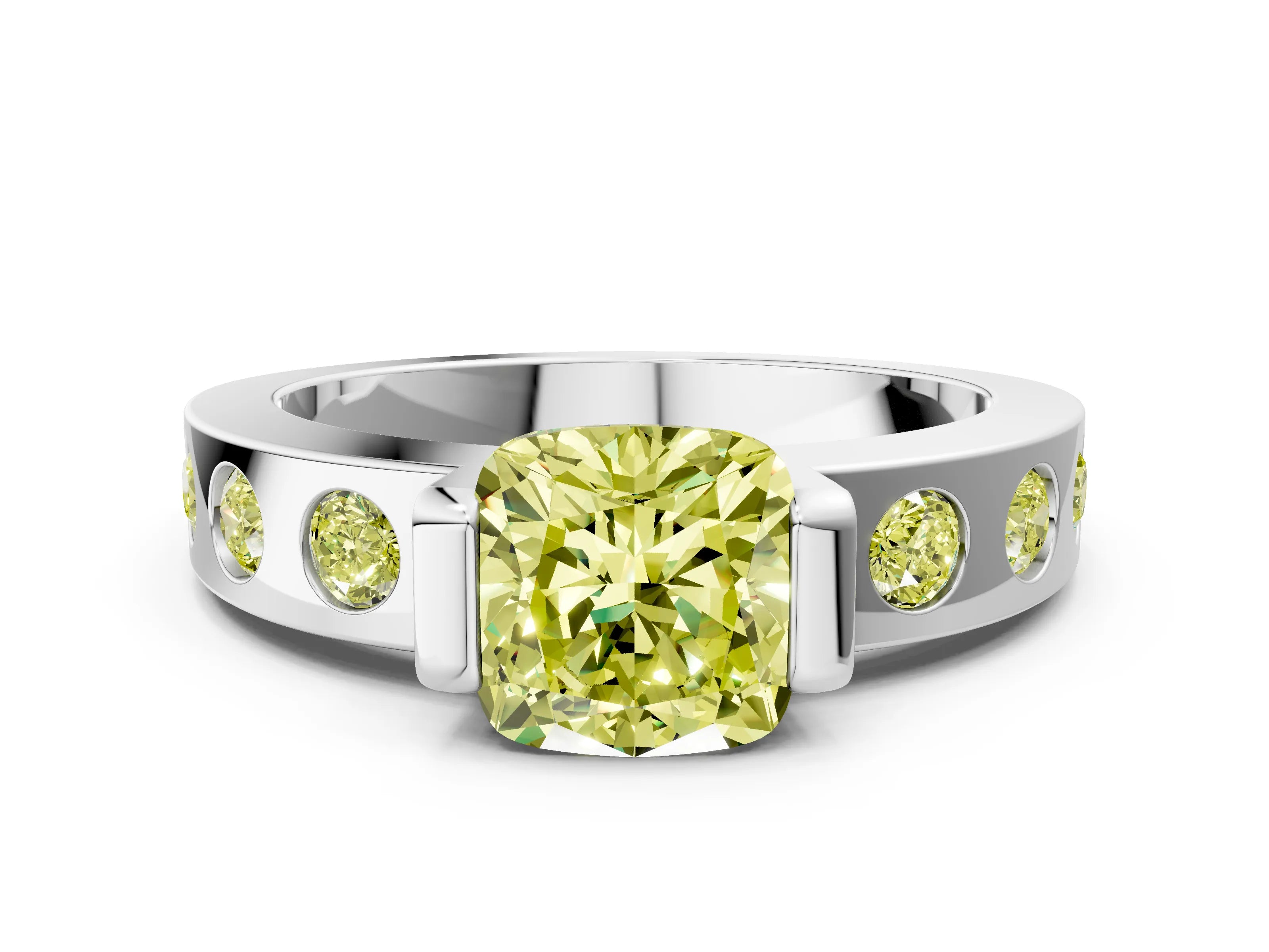 White gold Fancy Yellow Cushion Cut Brilliant Channel-Set Diamond Ring with Bezel Prong Setting_12