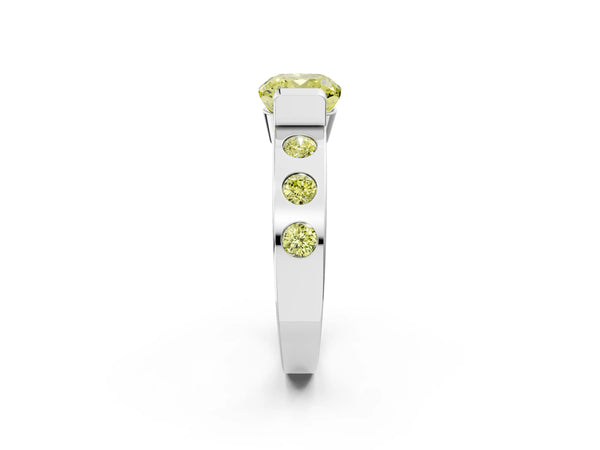 White gold Fancy Yellow Cushion Cut Brilliant Channel-Set Diamond Ring with Bezel Prong Setting
