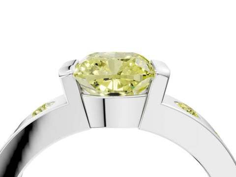 White gold Fancy Yellow Cushion Cut Brilliant Channel-Set Diamond Ring with Bezel Prong Setting_16