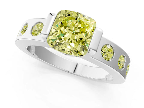 White gold Fancy Yellow Cushion Cut Brilliant Channel-Set Diamond Ring with Bezel Prong Setting_1