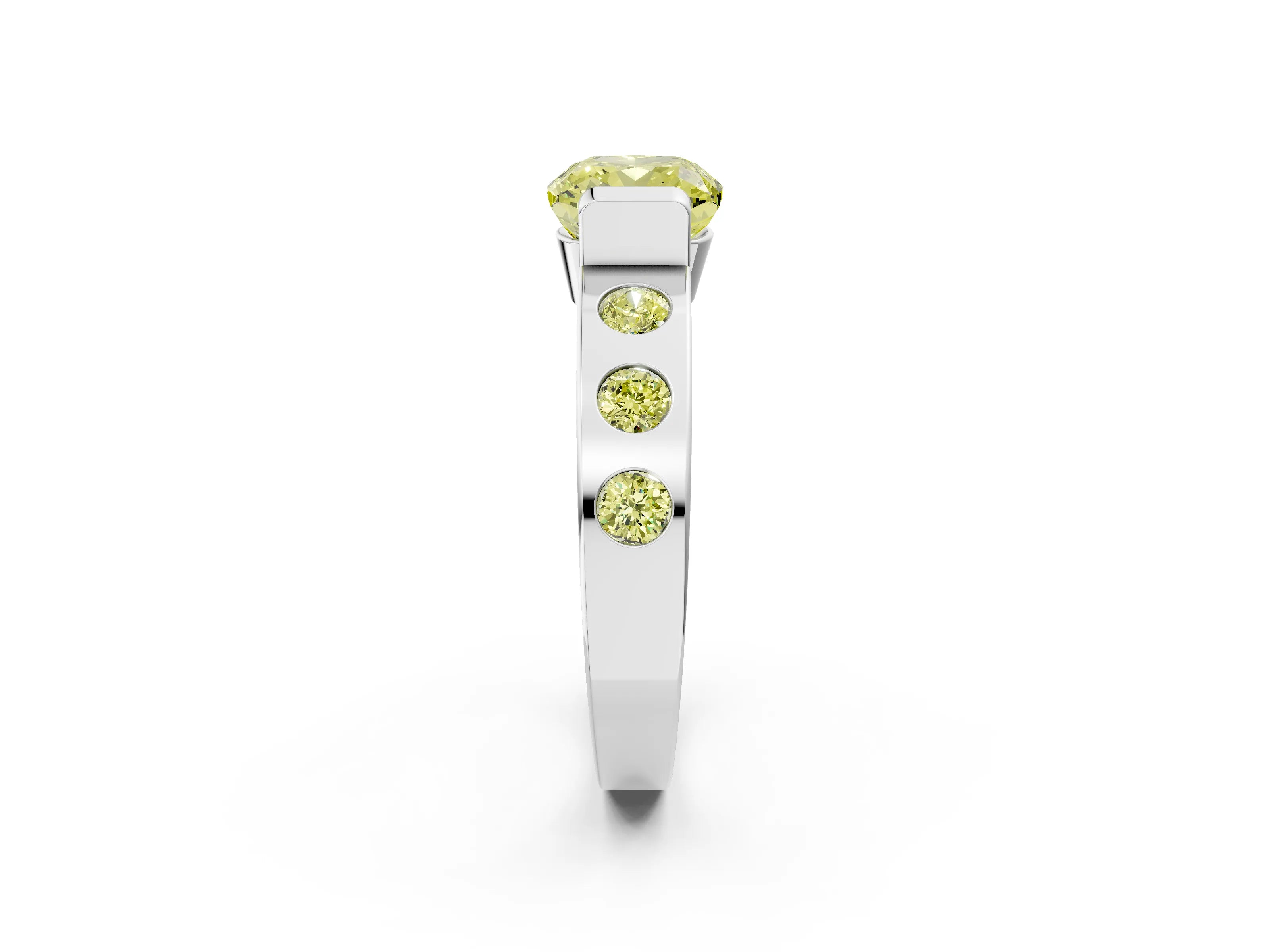 White gold Fancy Yellow Cushion Cut Brilliant Channel-Set Diamond Ring with Bezel Prong Setting_2