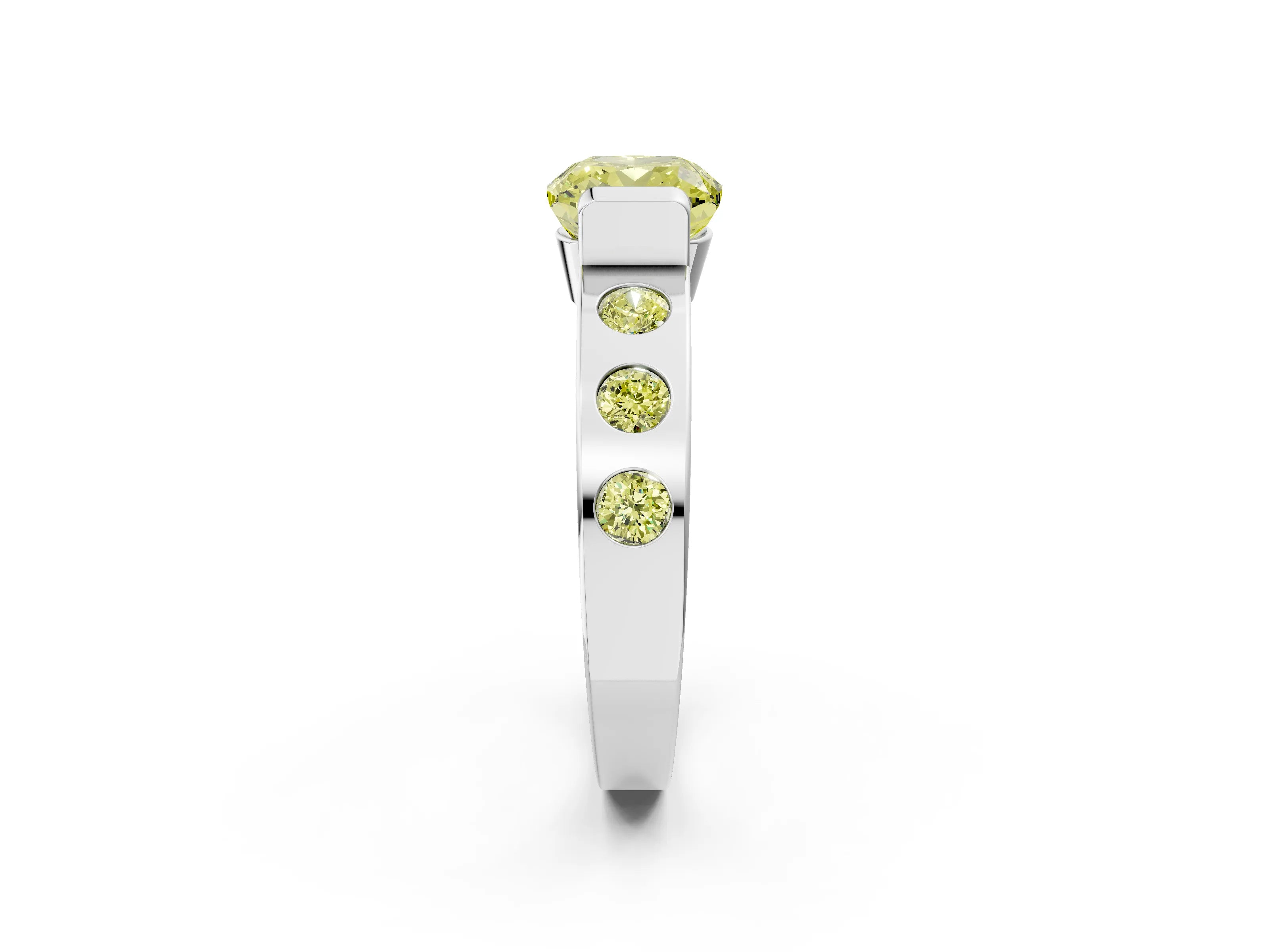 White gold Fancy Yellow Cushion Cut Brilliant Channel-Set Diamond Ring with Bezel Prong Setting_2