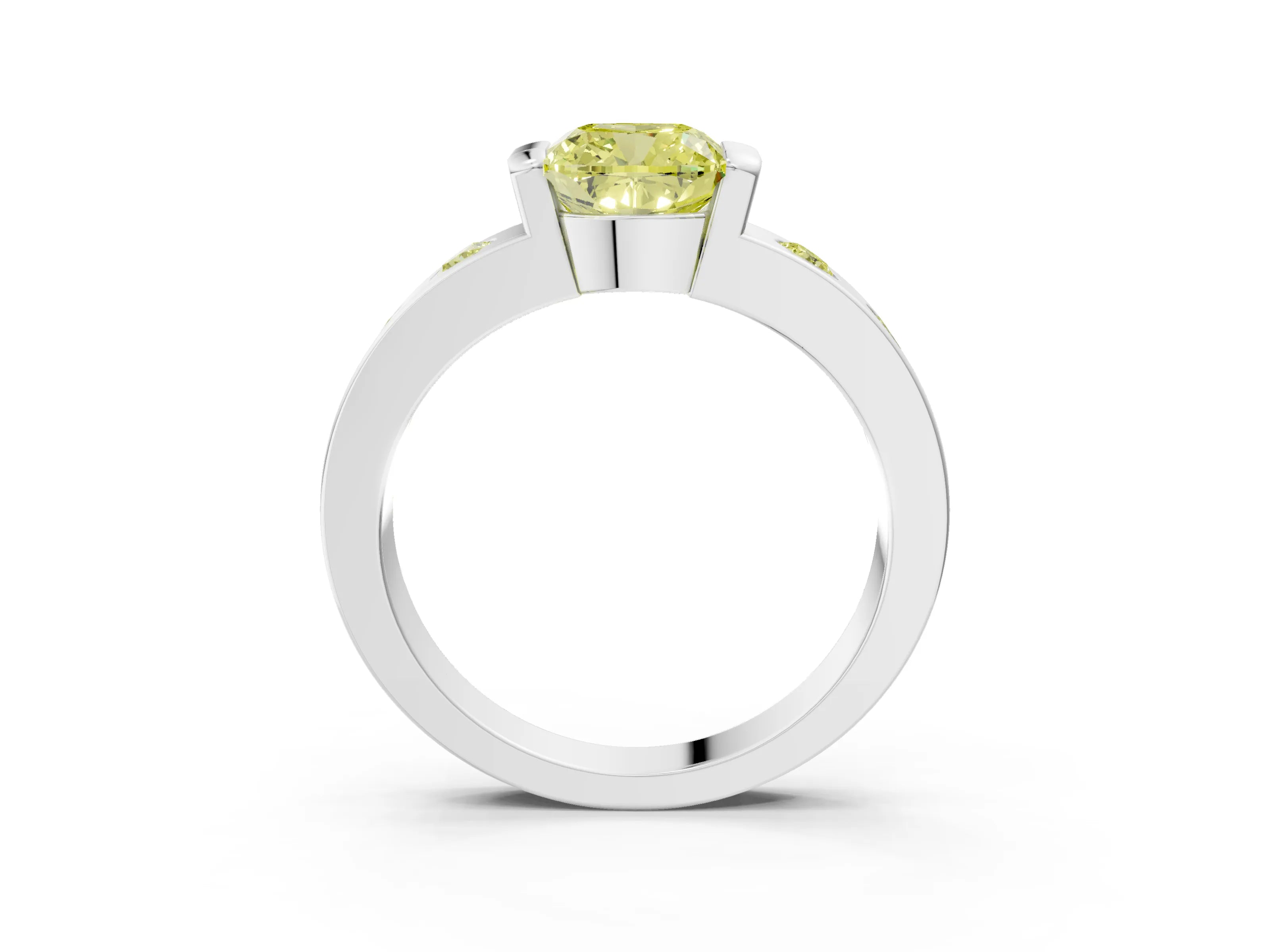 White gold Fancy Yellow Cushion Cut Brilliant Channel-Set Diamond Ring with Bezel Prong Setting_3