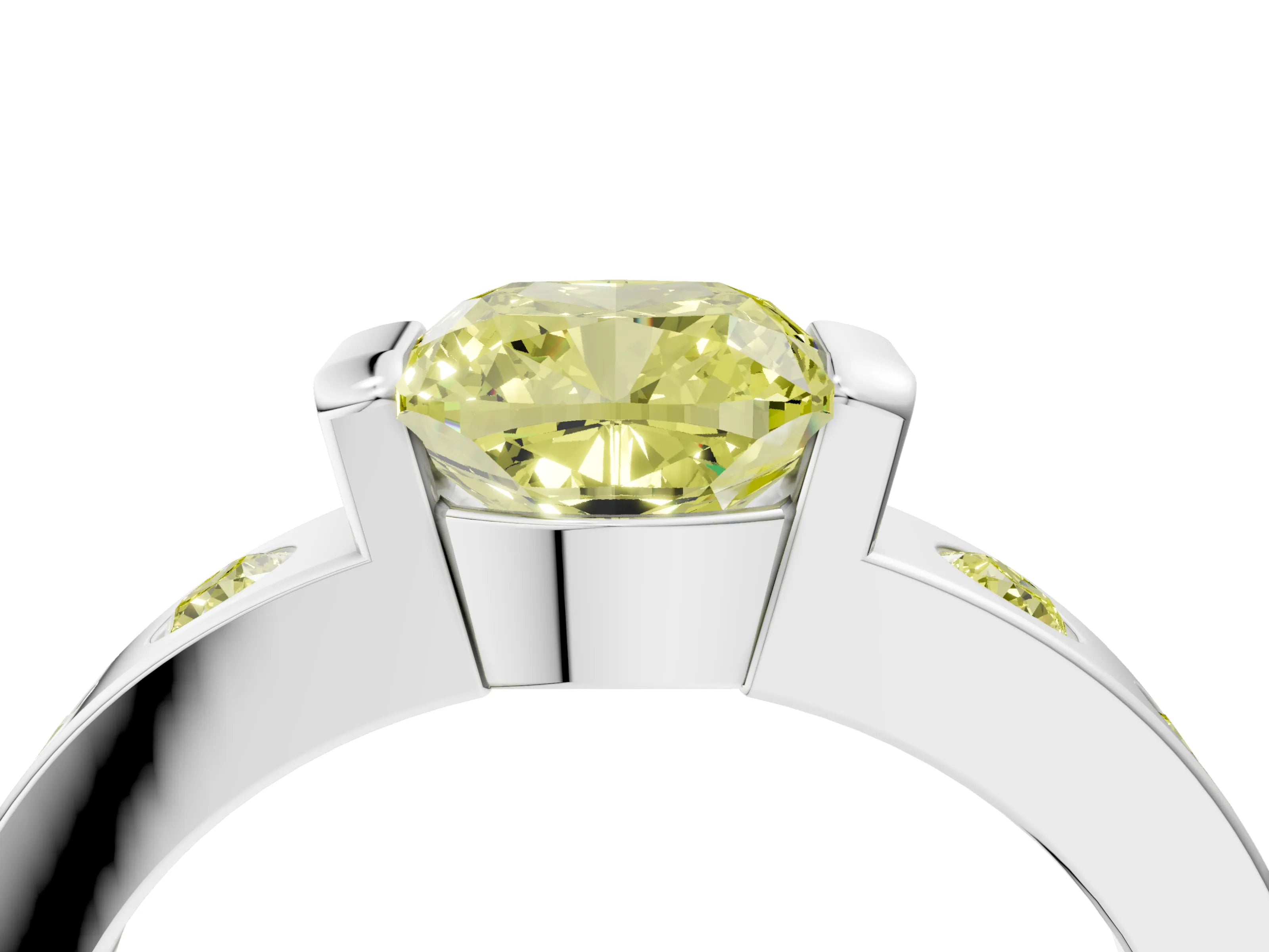 White gold Fancy Yellow Cushion Cut Brilliant Channel-Set Diamond Ring with Bezel Prong Setting_4