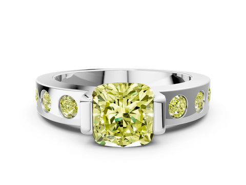 White gold Fancy Yellow Cushion Cut Brilliant Channel-Set Diamond Ring with Bezel Prong Setting