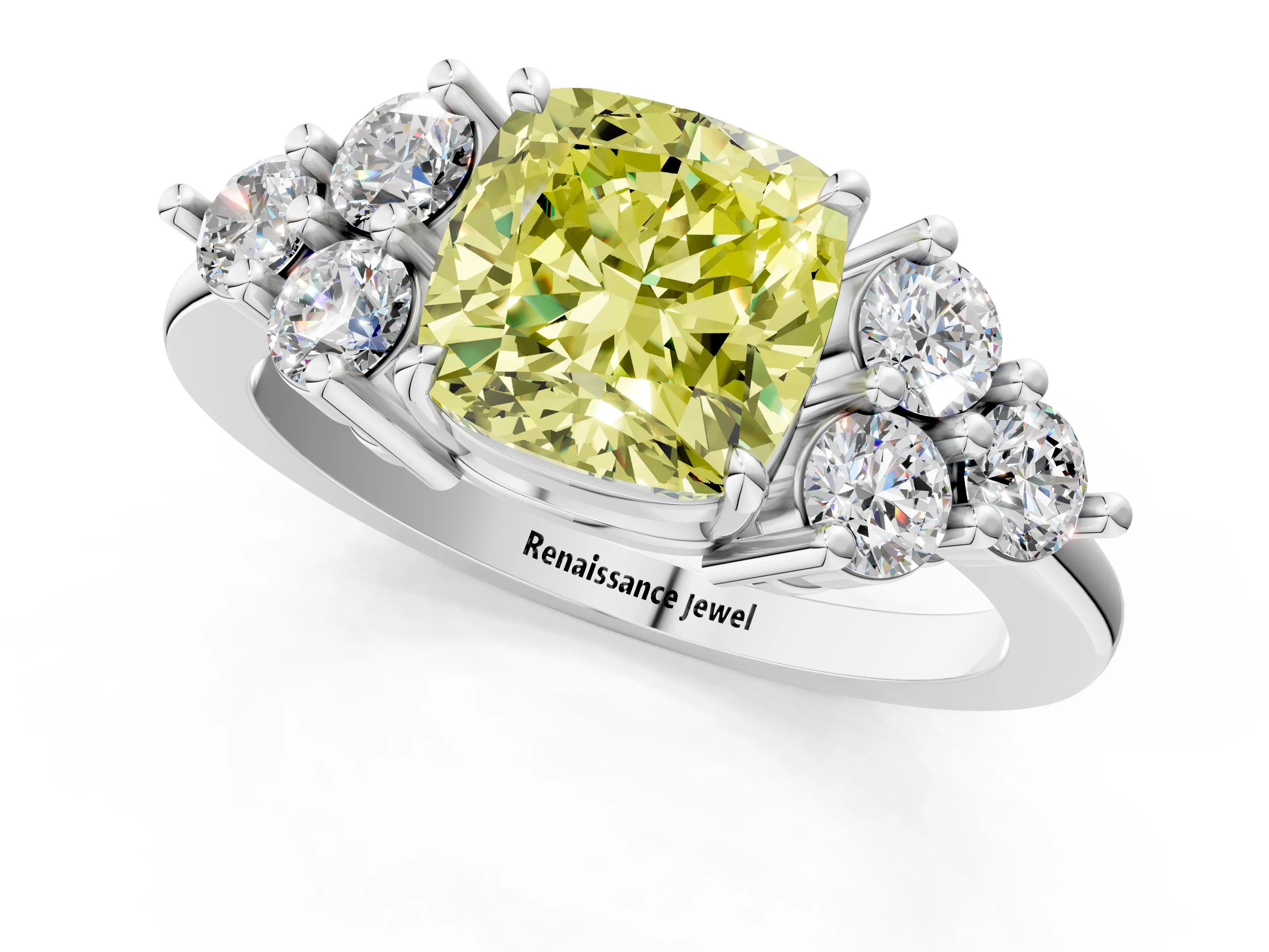 White gold Fancy Yellow Cushion Cut Brilliant Diamond Cluster Accent Solitaire Ring with Prong Setting_1