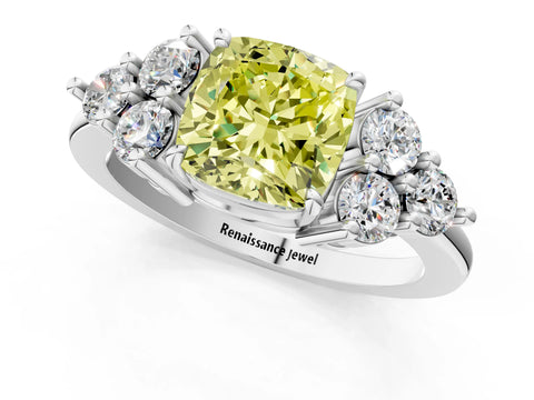 White gold Fancy Yellow Cushion Cut Brilliant Diamond Cluster Accent Solitaire Ring with Prong Setting_1