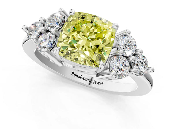 Platinum Cushion Cut Cluster Side Stone Engagement Ring Setting for Fancy Yellow Center