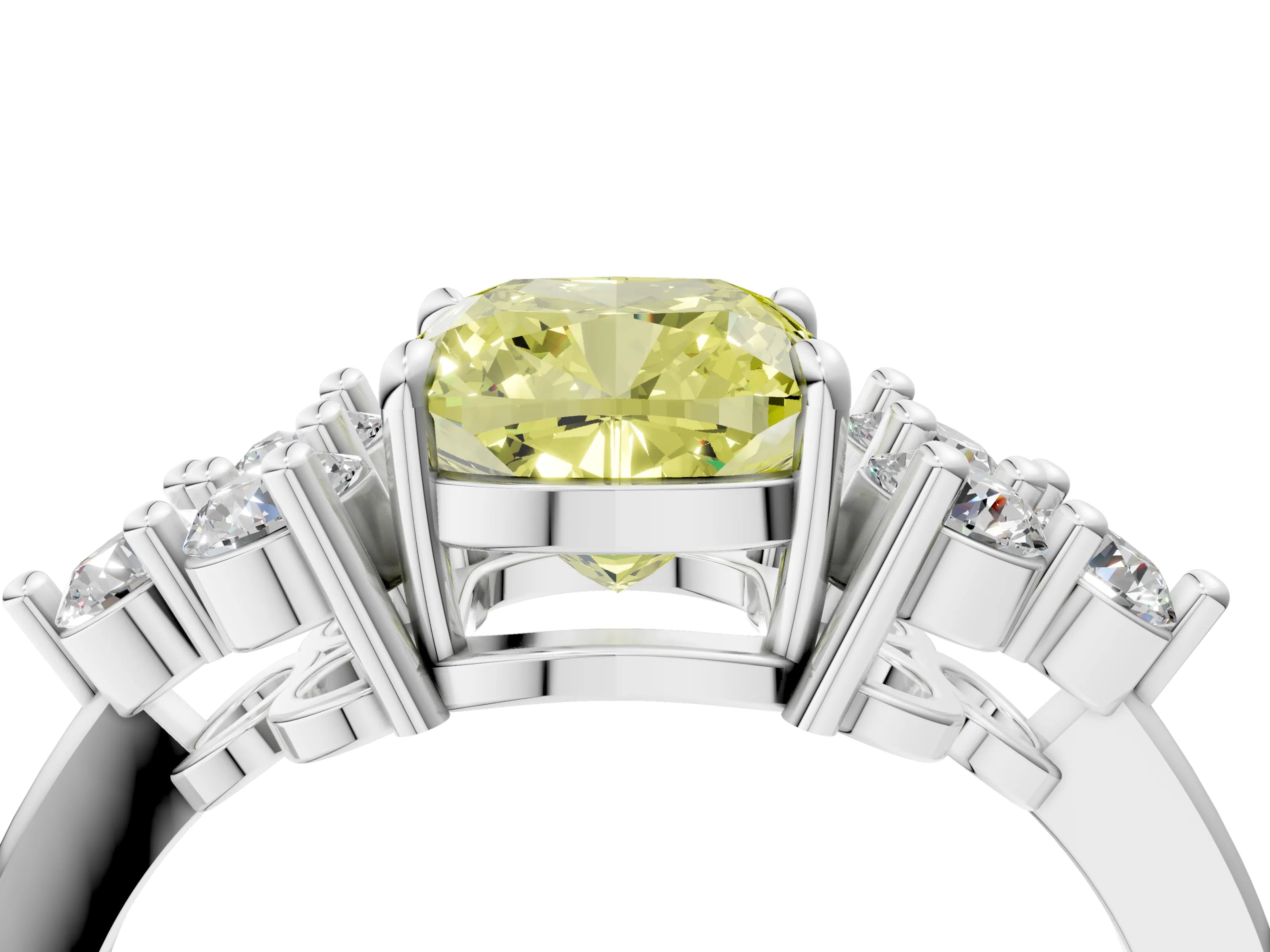 White gold Fancy Yellow Cushion Cut Brilliant Diamond Cluster Accent Solitaire Ring with Prong Setting_28
