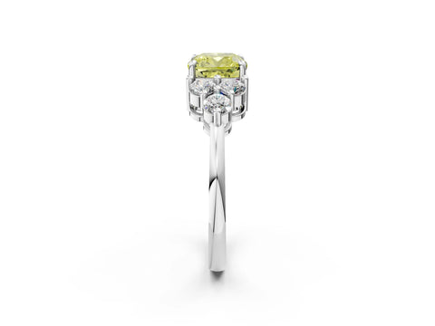 White gold Fancy Yellow Cushion Cut Brilliant Diamond Cluster Accent Solitaire Ring with Prong Setting_2
