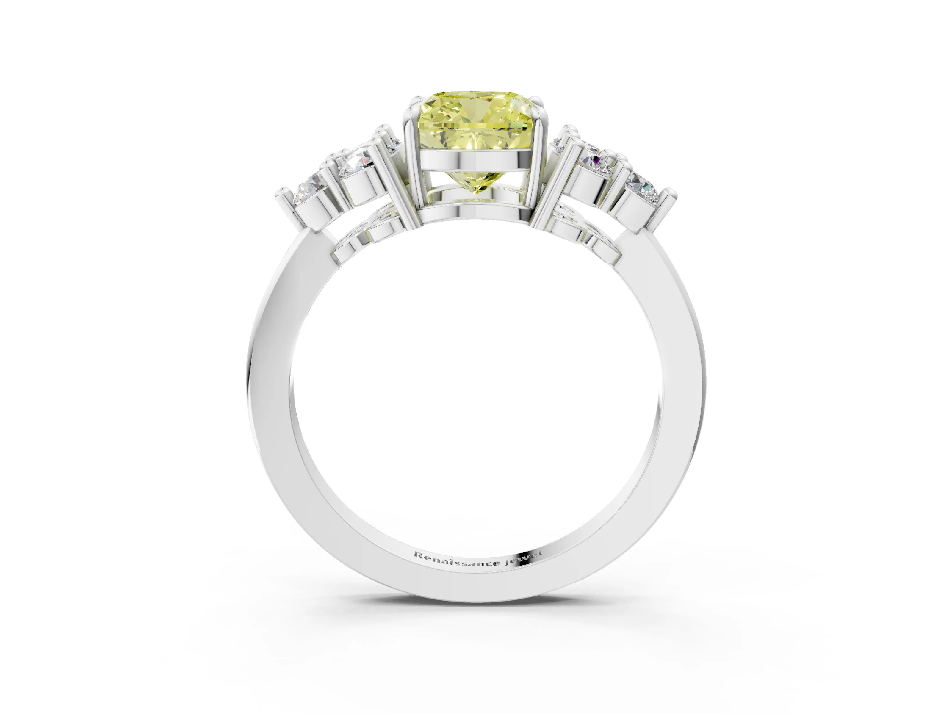 White gold Fancy Yellow Cushion Cut Brilliant Diamond Cluster Accent Solitaire Ring with Prong Setting_3