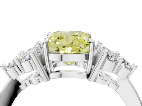 White gold Fancy Yellow Cushion Cut Brilliant Diamond Cluster Accent Solitaire Ring with Prong Setting_4