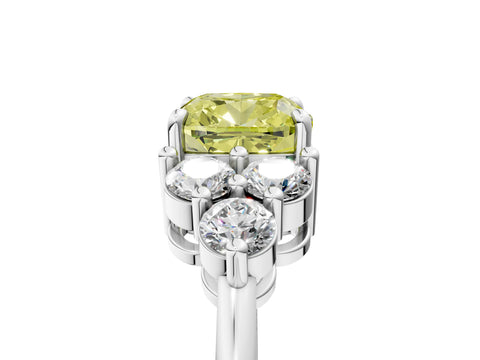 White gold Fancy Yellow Cushion Cut Brilliant Diamond Cluster Accent Solitaire Ring with Prong Setting_5