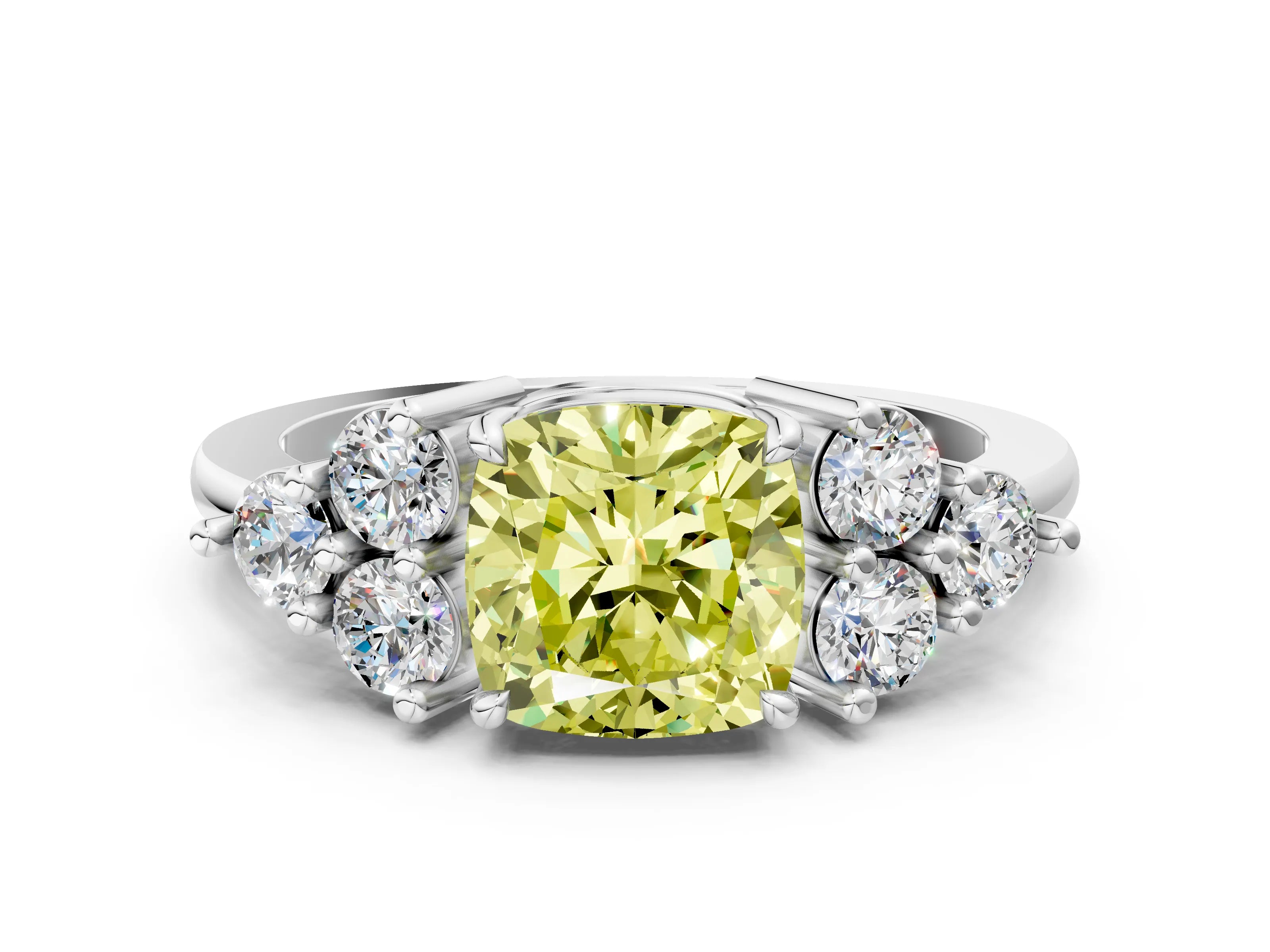 White gold Fancy Yellow Cushion Cut Brilliant Diamond Cluster Accent Solitaire Ring with Prong Setting