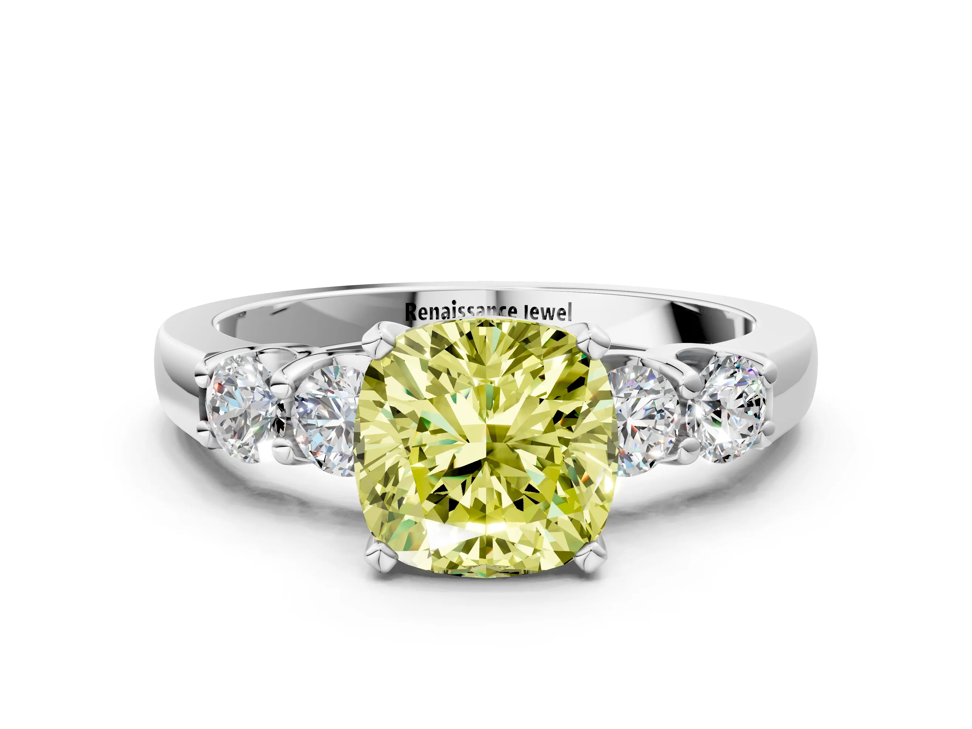 White gold Fancy Yellow Cushion Cut Brilliant Diamond Five-Stone Engagement Ring with Prong Setting on a Classic Band_3