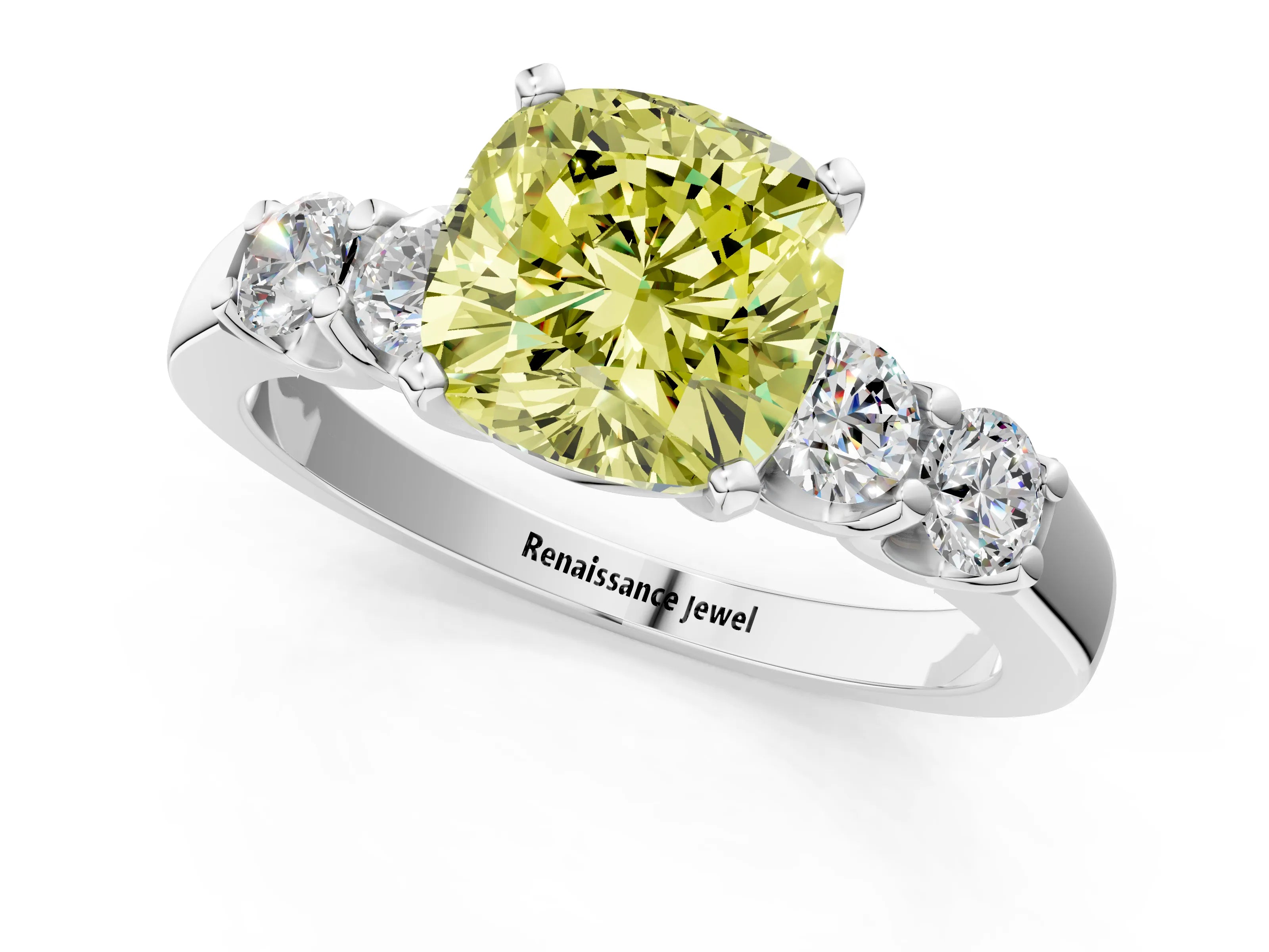 White gold Fancy Yellow Cushion Cut Brilliant Diamond Five-Stone Engagement Ring with Prong Setting on a Classic Band_4