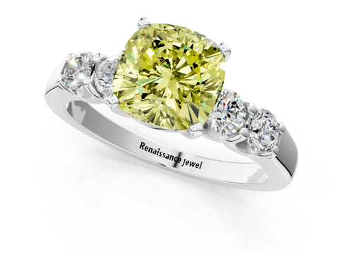 White gold Fancy Yellow Cushion Cut Brilliant Diamond Five-Stone Engagement Ring with Prong Setting on a Classic Band_4