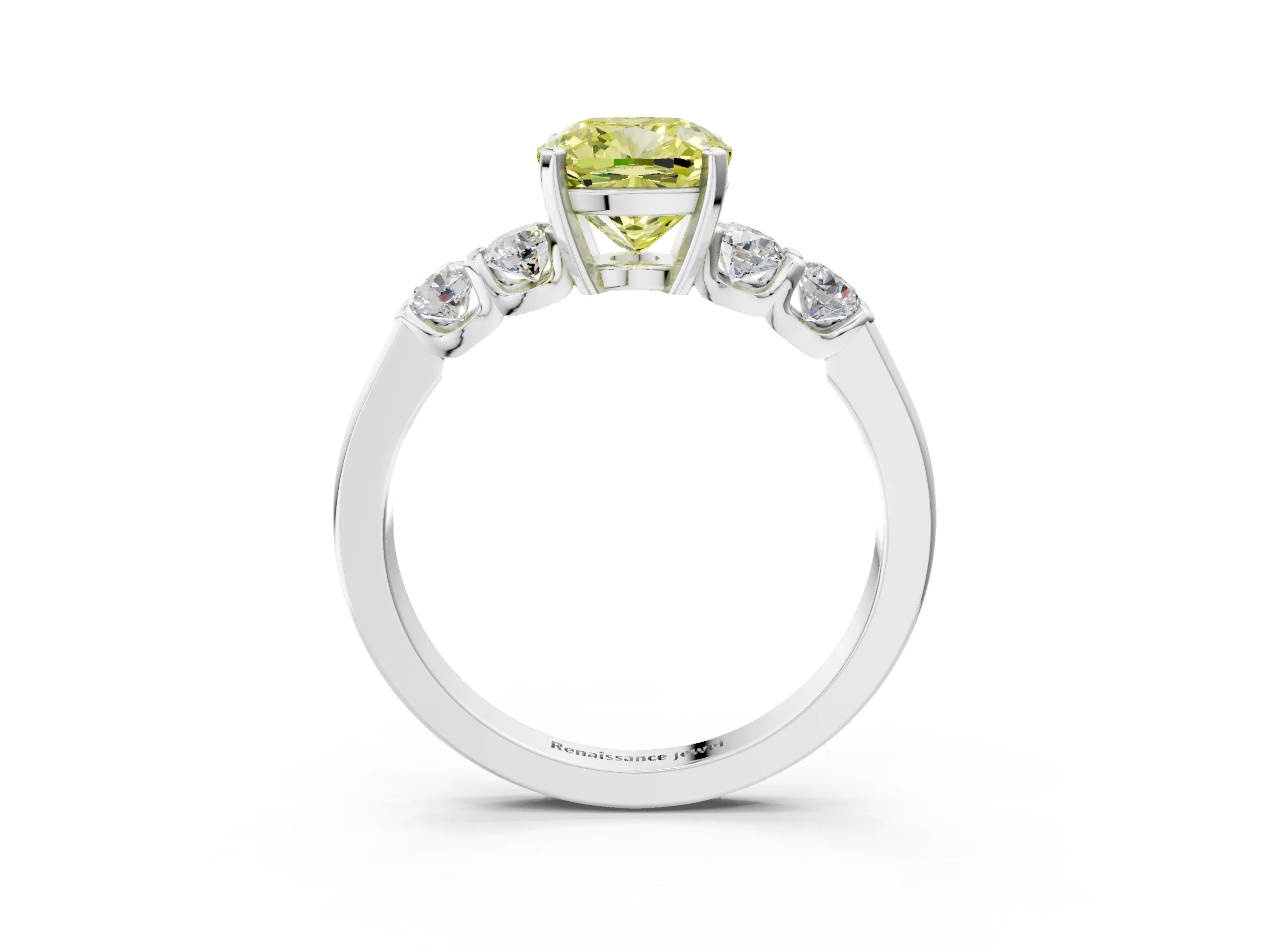 White gold Fancy Yellow Cushion Cut Brilliant Diamond Five-Stone Engagement Ring with Prong Setting on a Classic Band_6