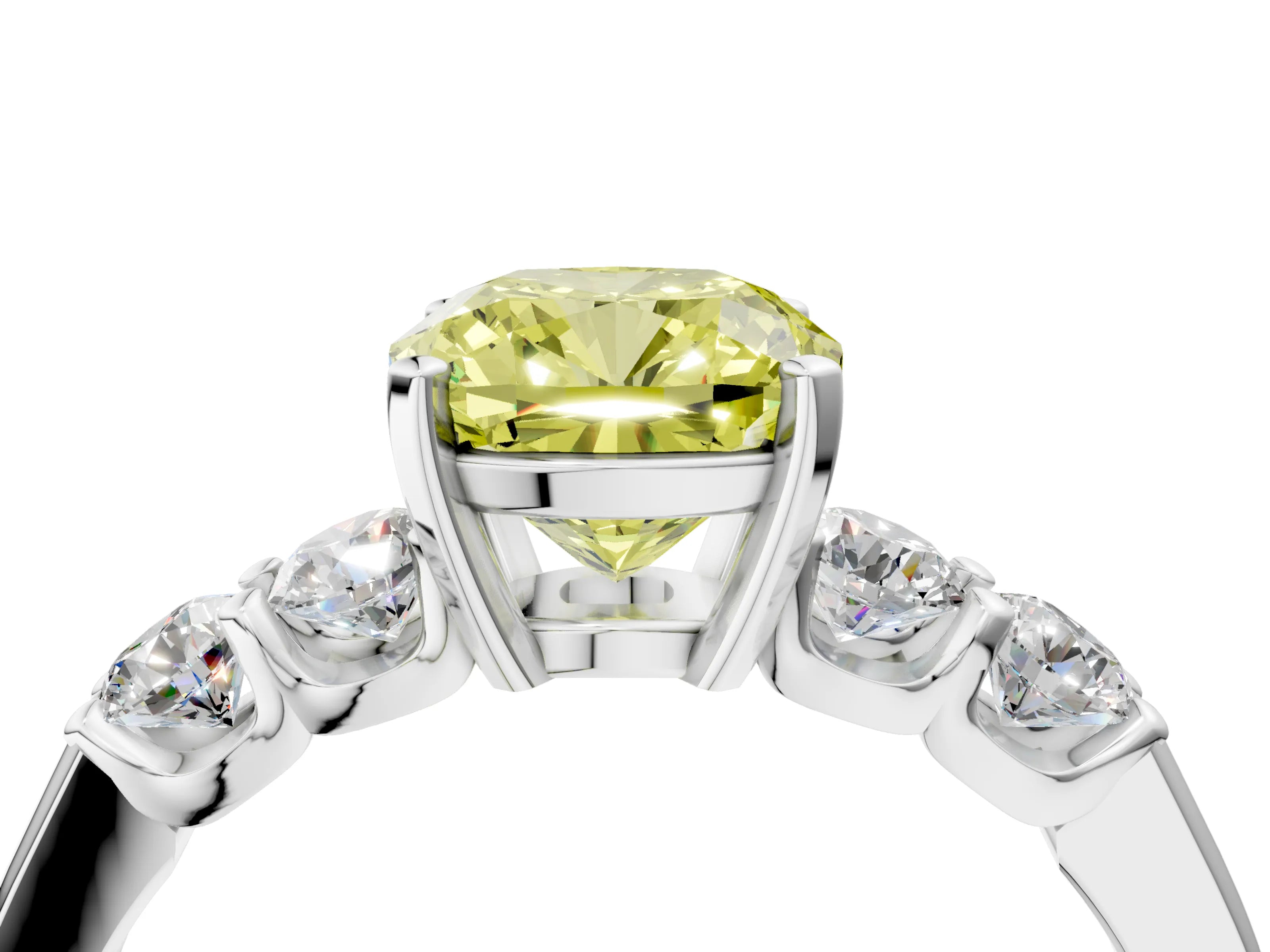White gold Fancy Yellow Cushion Cut Brilliant Diamond Five-Stone Engagement Ring with Prong Setting on a Classic Band_7
