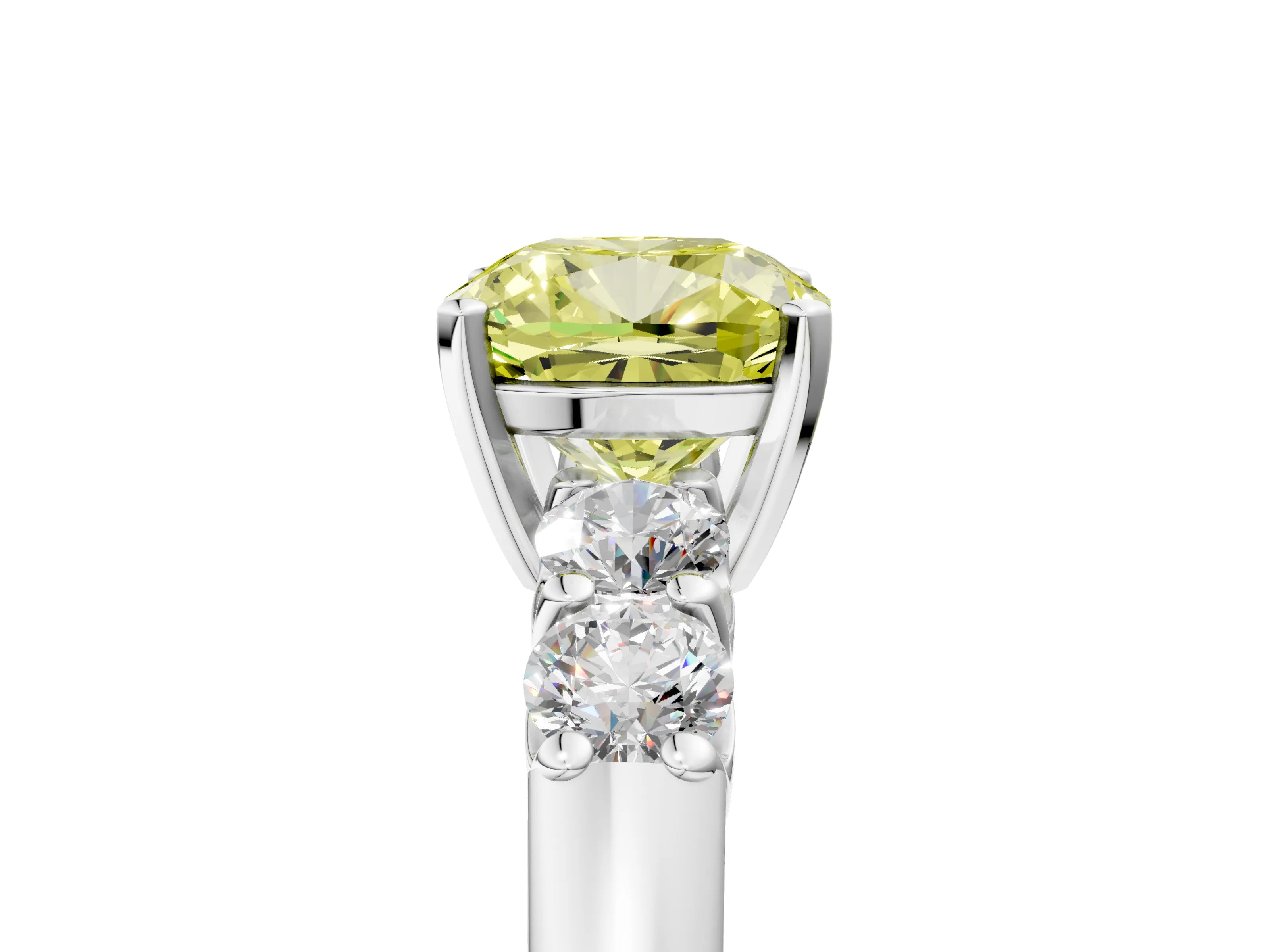 White gold Fancy Yellow Cushion Cut Brilliant Diamond Five-Stone Engagement Ring with Prong Setting on a Classic Band_8