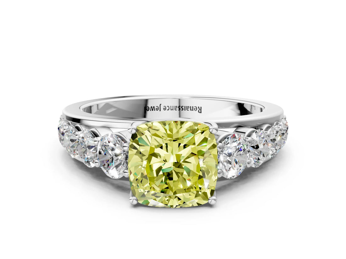 White gold Fancy Yellow Cushion Cut Brilliant Diamond Pavé Band with Six-Prong Setting_12