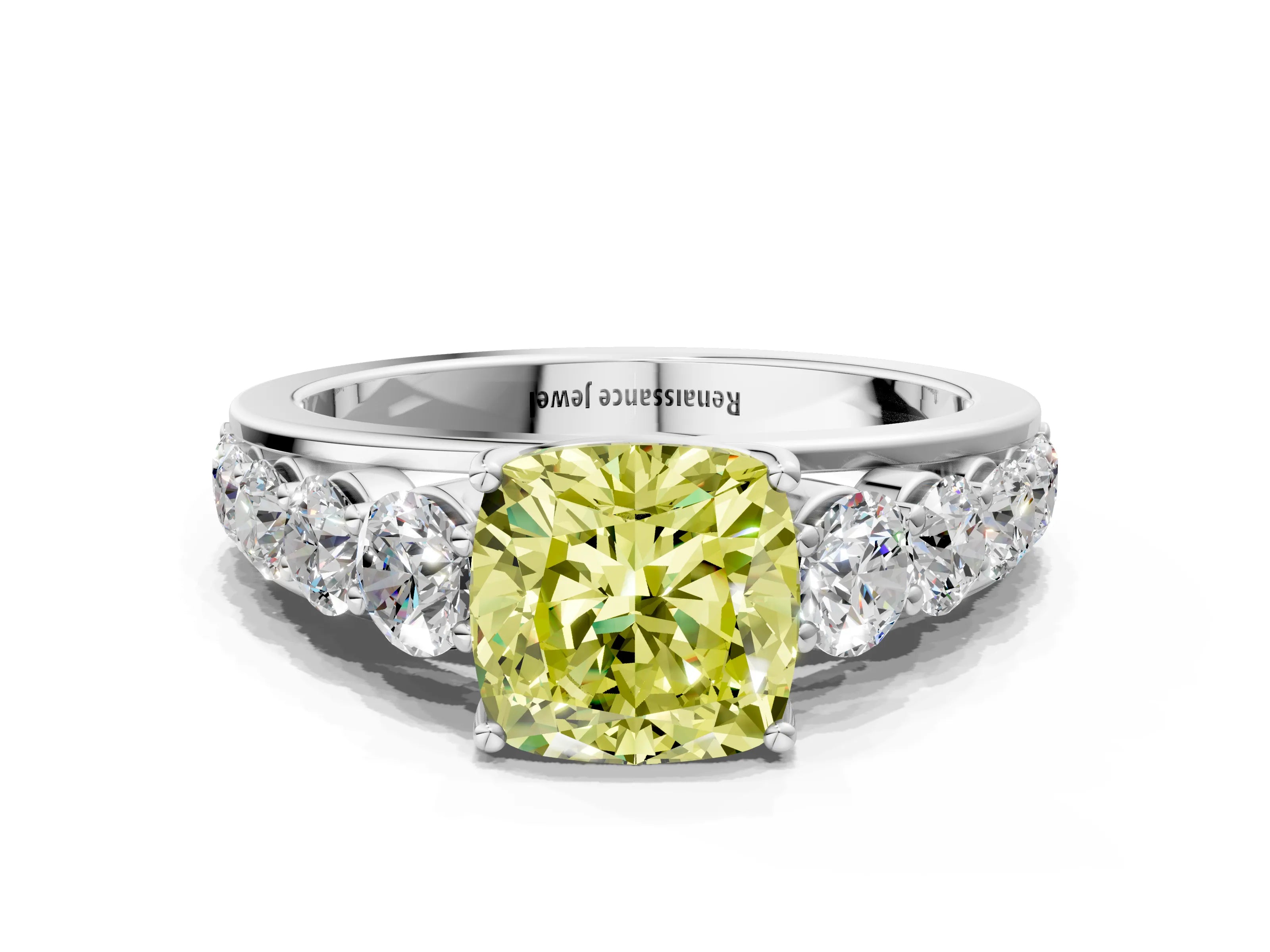 White gold Fancy Yellow Cushion Cut Brilliant Diamond Pavé Band with Six-Prong Setting