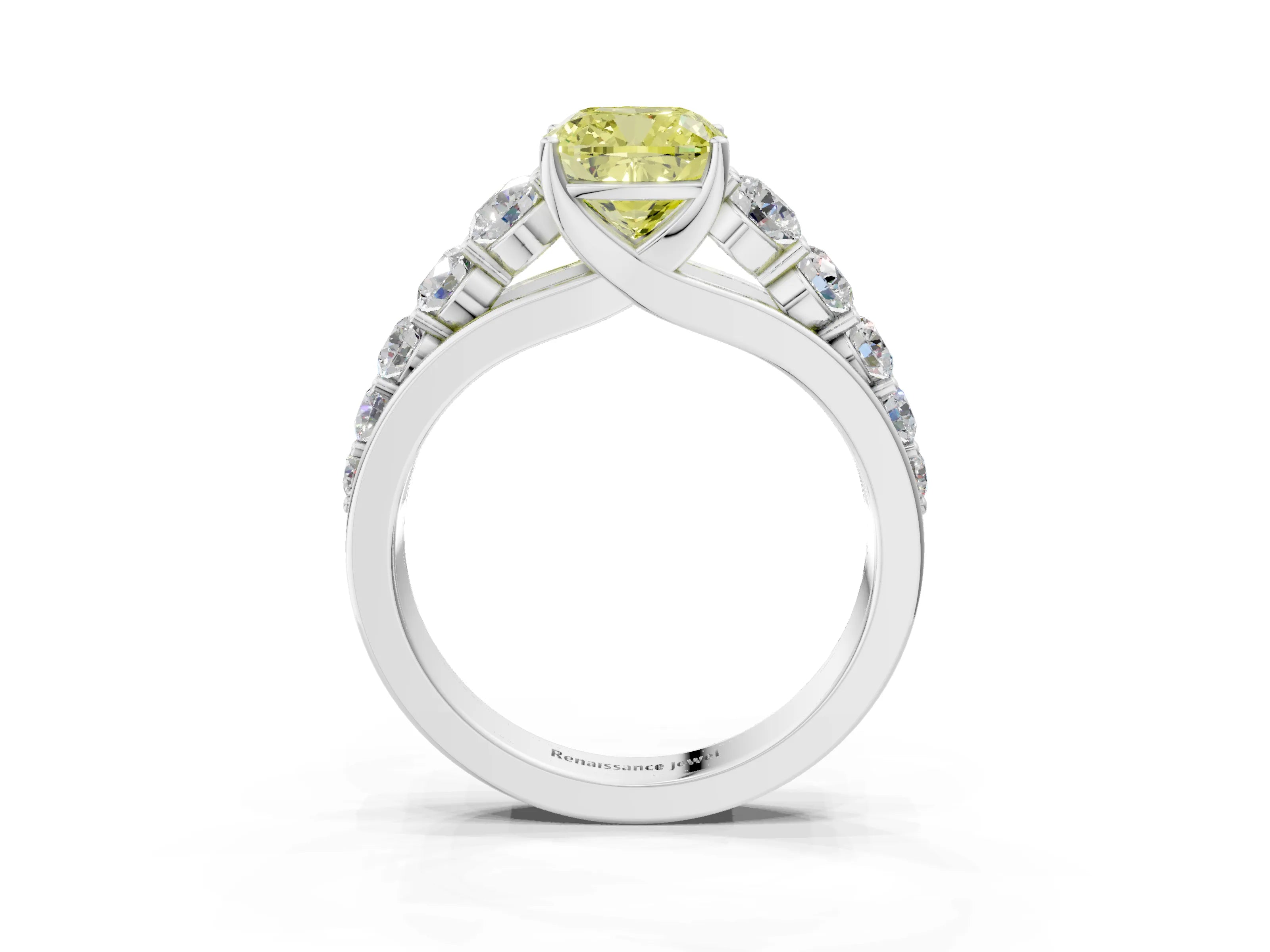 White gold Fancy Yellow Cushion Cut Brilliant Diamond Pavé Band with Six-Prong Setting_3