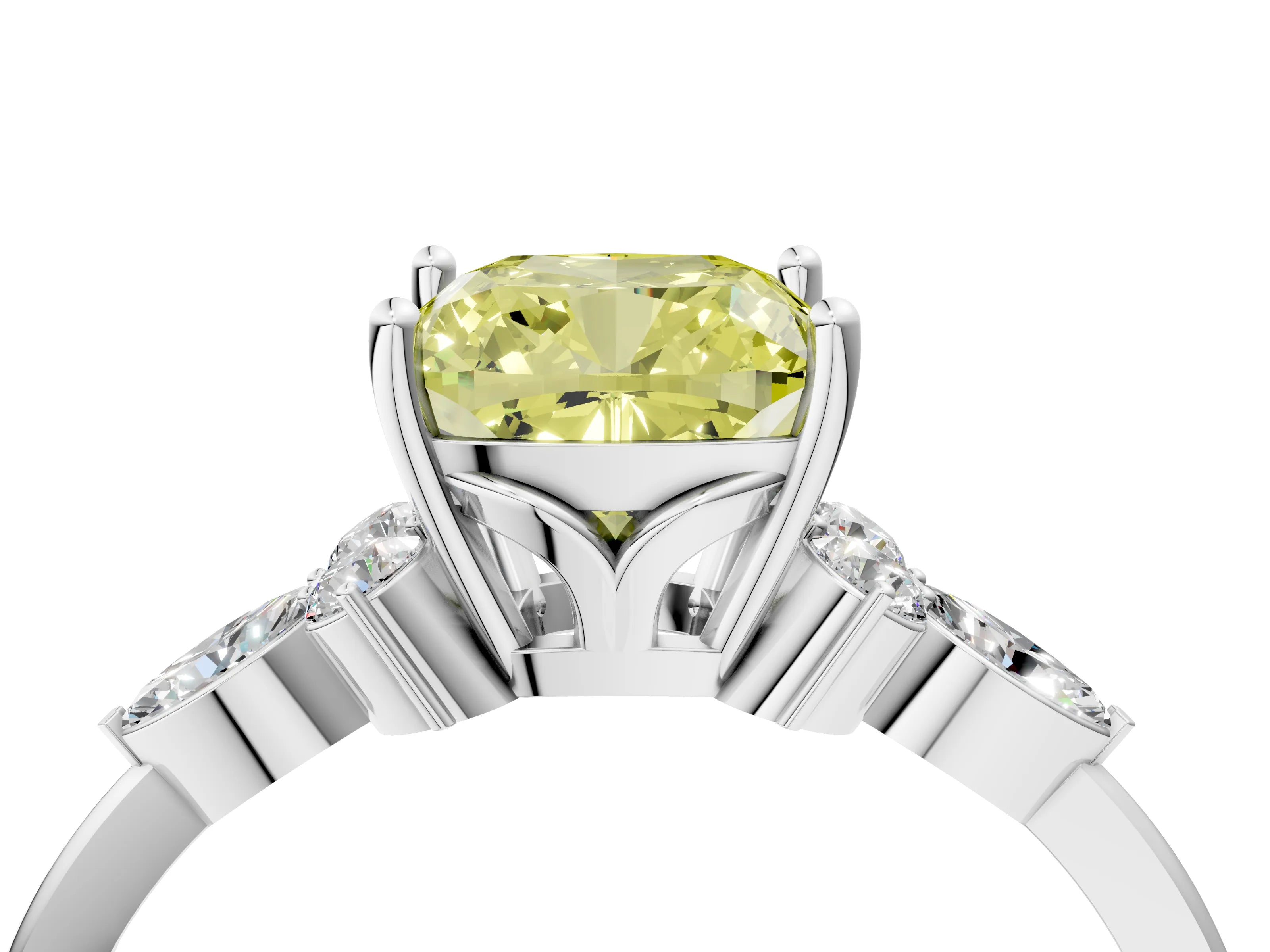 White gold Fancy Yellow Cushion Cut Brilliant Diamond Solitaire Ring with Pear Side Stones and Four-Prong Setting_10