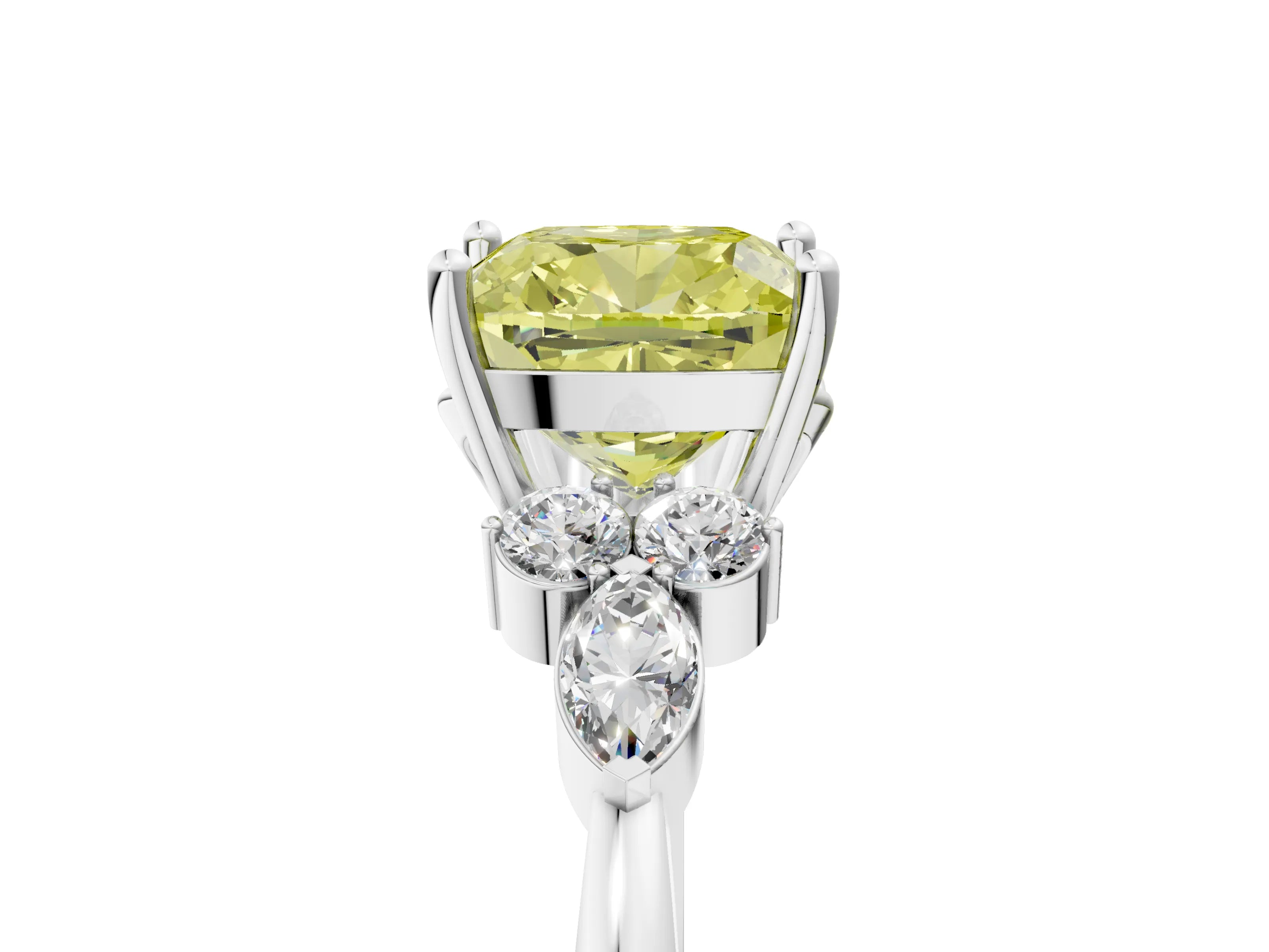 White gold Fancy Yellow Cushion Cut Brilliant Diamond Solitaire Ring with Pear Side Stones and Four-Prong Setting_11