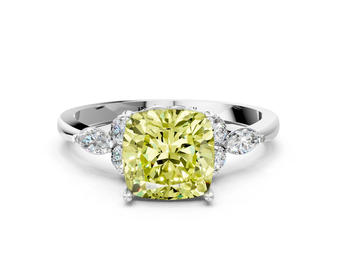 White gold Fancy Yellow Cushion Cut Brilliant Diamond Solitaire Ring with Pear Side Stones and Four-Prong Setting_6