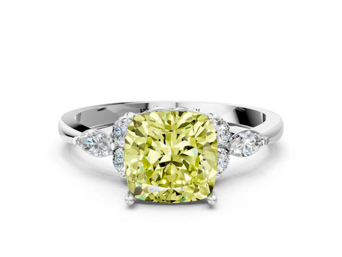 White gold Fancy Yellow Cushion Cut Brilliant Diamond Solitaire Ring with Pear Side Stones and Four-Prong Setting_6