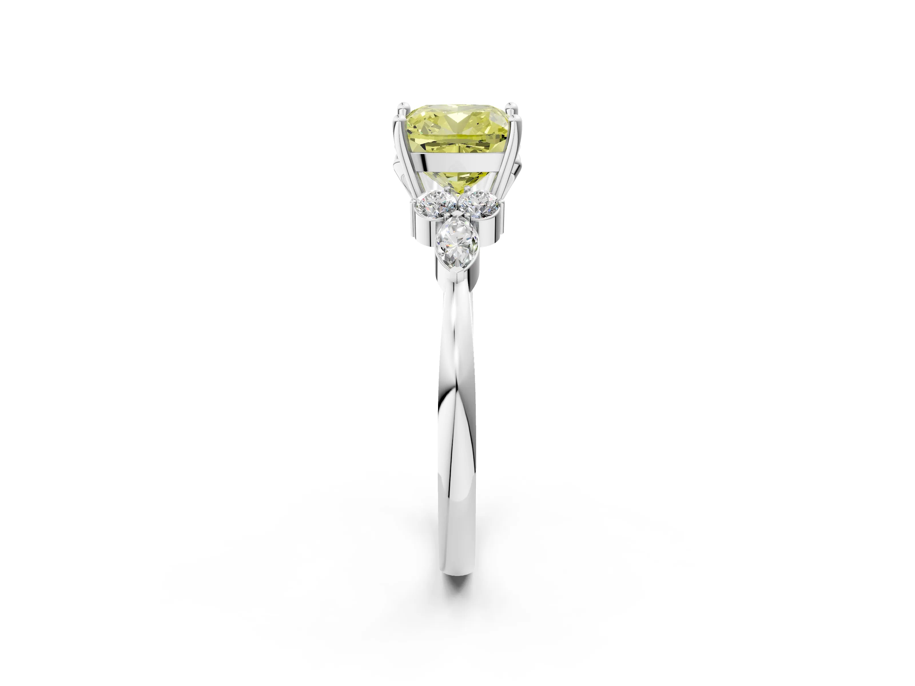 White gold Fancy Yellow Cushion Cut Brilliant Diamond Solitaire Ring with Pear Side Stones and Four-Prong Setting_8