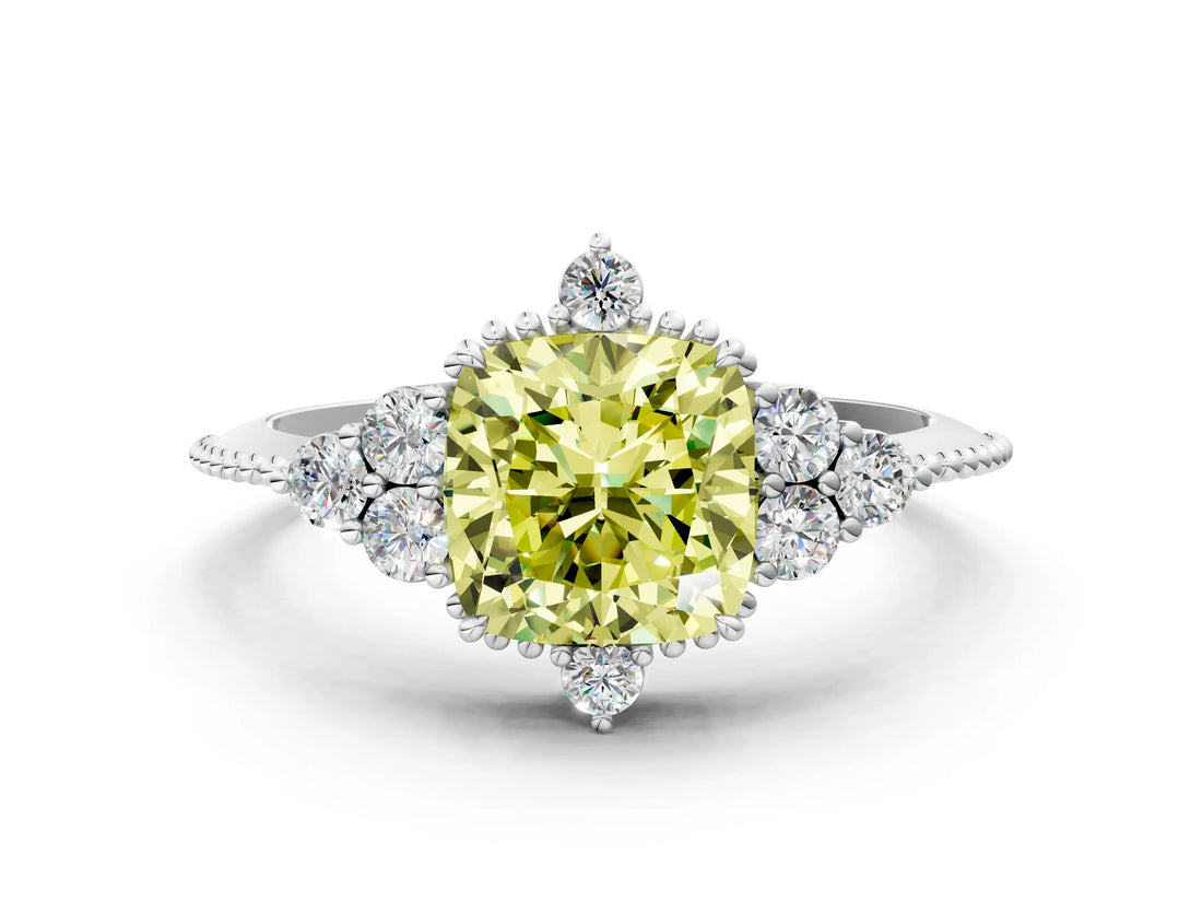 White gold Fancy Yellow Cushion Cut Brilliant Diamond with Cluster Setting on a Beaded Band and Four-Prong Setting_24