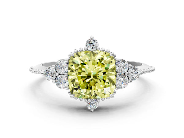 White gold Fancy Yellow Cushion Cut Brilliant Diamond with Cluster Setting on a Beaded Band and Four-Prong Setting