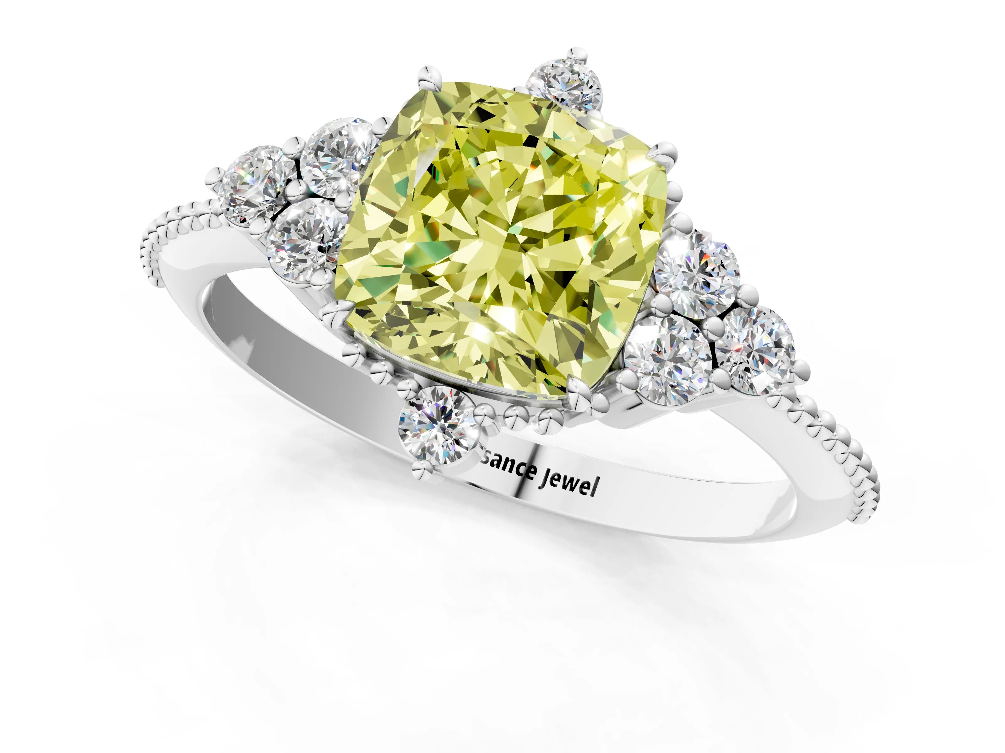 White gold Fancy Yellow Cushion Cut Brilliant Diamond with Cluster Setting on a Beaded Band and Four-Prong Setting_25
