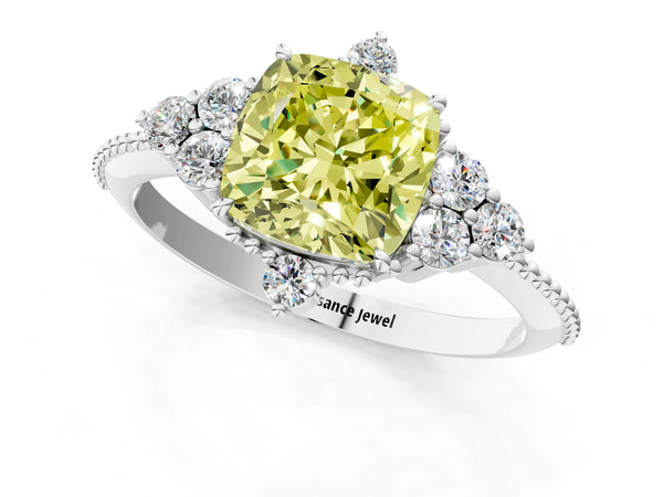 White gold Fancy Yellow Cushion Cut Brilliant Diamond with Cluster Setting on a Beaded Band and Four-Prong Setting