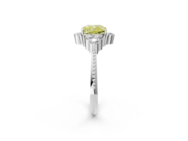 White gold Fancy Yellow Cushion Cut Brilliant Diamond with Cluster Setting on a Beaded Band and Four-Prong Setting