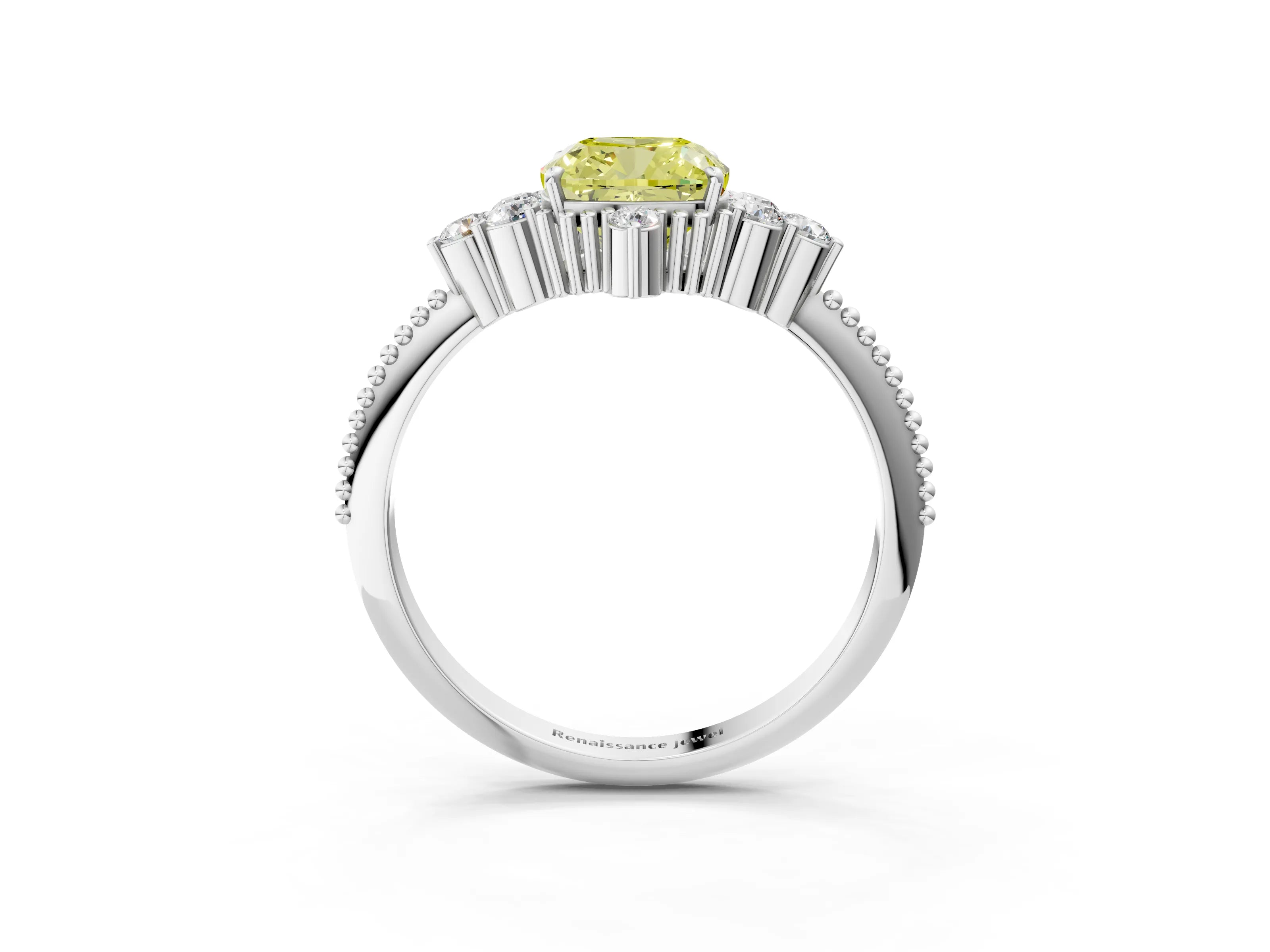 White gold Fancy Yellow Cushion Cut Brilliant Diamond with Cluster Setting on a Beaded Band and Four-Prong Setting_27