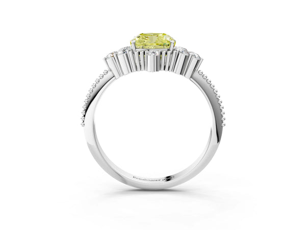 White gold Fancy Yellow Cushion Cut Brilliant Diamond with Cluster Setting on a Beaded Band and Four-Prong Setting
